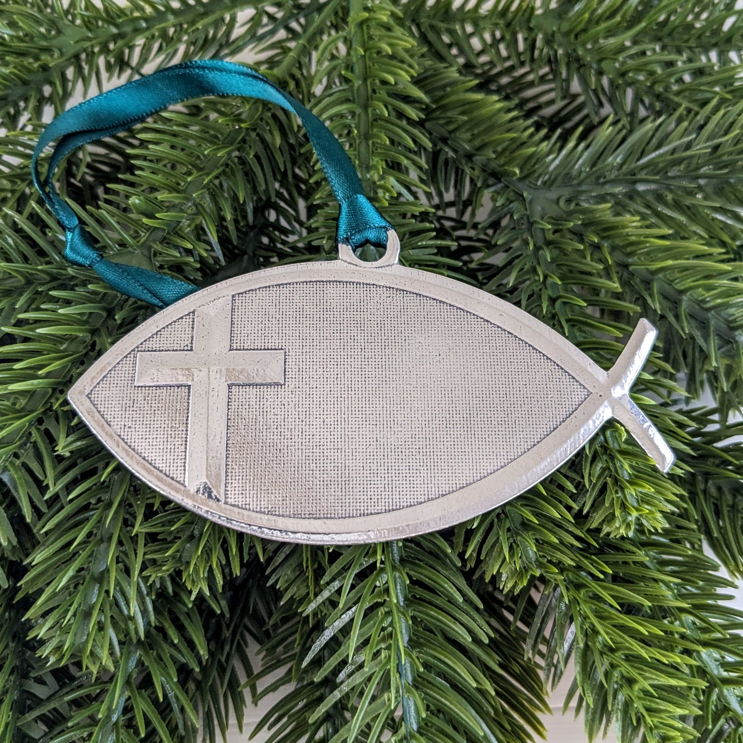 Ichthys, Jesus Fish pewter Christmas Ornament