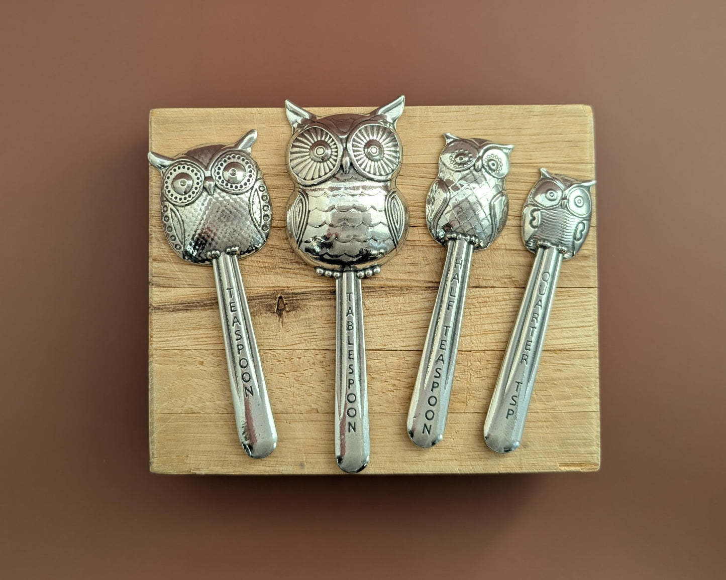 Owl Measuring Spoons, Set of Four- Pewter Tablespoon, Teaspoon, Half Teaspoon, Quarter Teaspoon