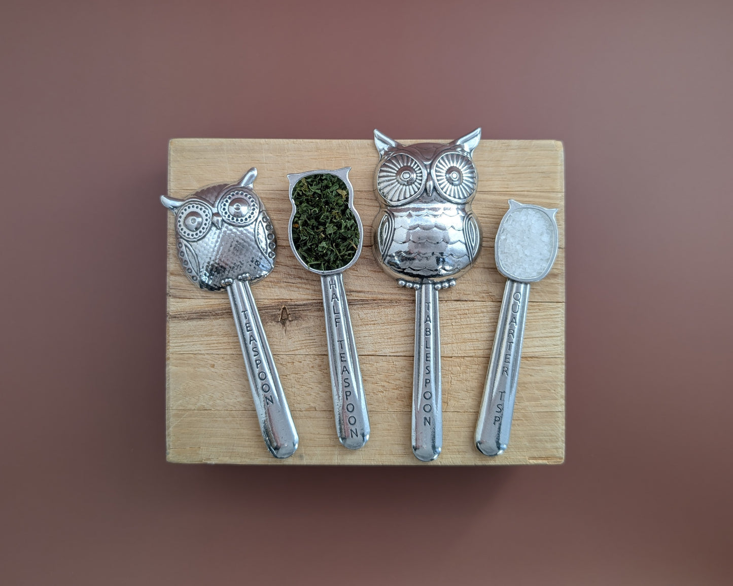 Owl Measuring Spoons, Set of Four- Pewter Tablespoon, Teaspoon, Half Teaspoon, Quarter Teaspoon