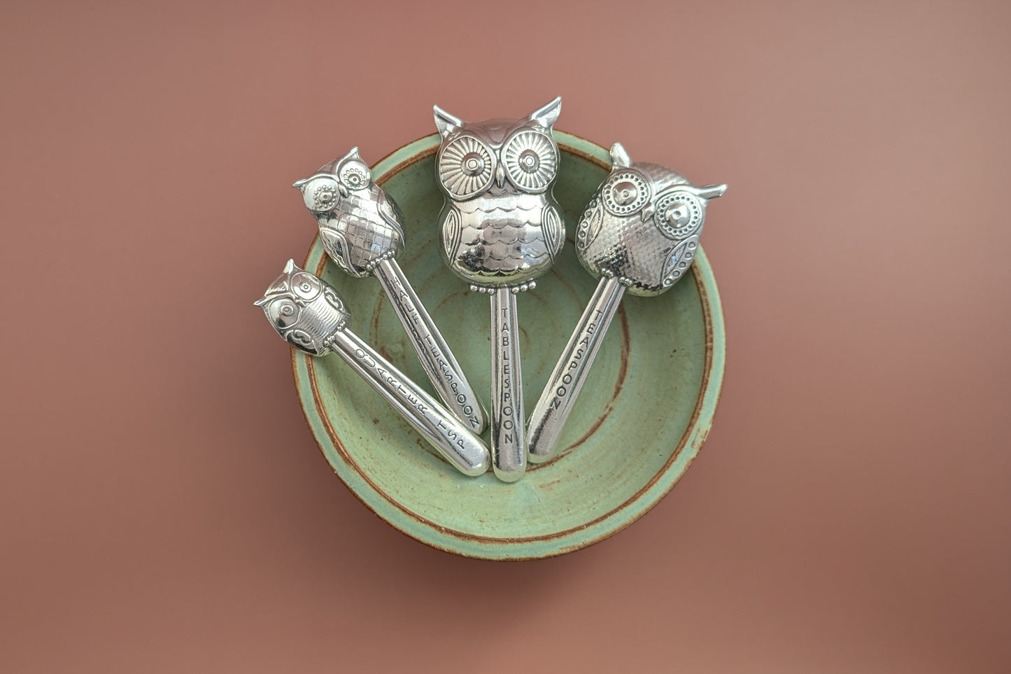 Owl Measuring Spoons, Set of Four- Pewter Tablespoon, Teaspoon, Half Teaspoon, Quarter Teaspoon