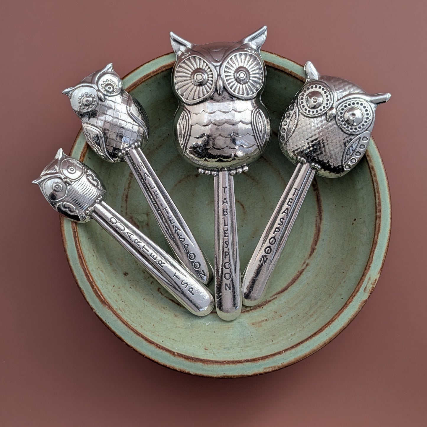 Owl Measuring Spoons, Set of Four- Pewter Tablespoon, Teaspoon, Half Teaspoon, Quarter Teaspoon