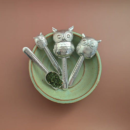 Owl Measuring Spoons, Set of Four- Pewter Tablespoon, Teaspoon, Half Teaspoon, Quarter Teaspoon