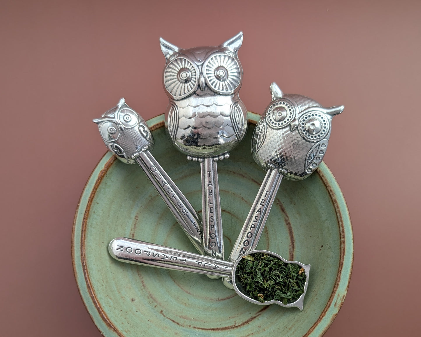 Owl Measuring Spoons, Set of Four- Pewter Tablespoon, Teaspoon, Half Teaspoon, Quarter Teaspoon